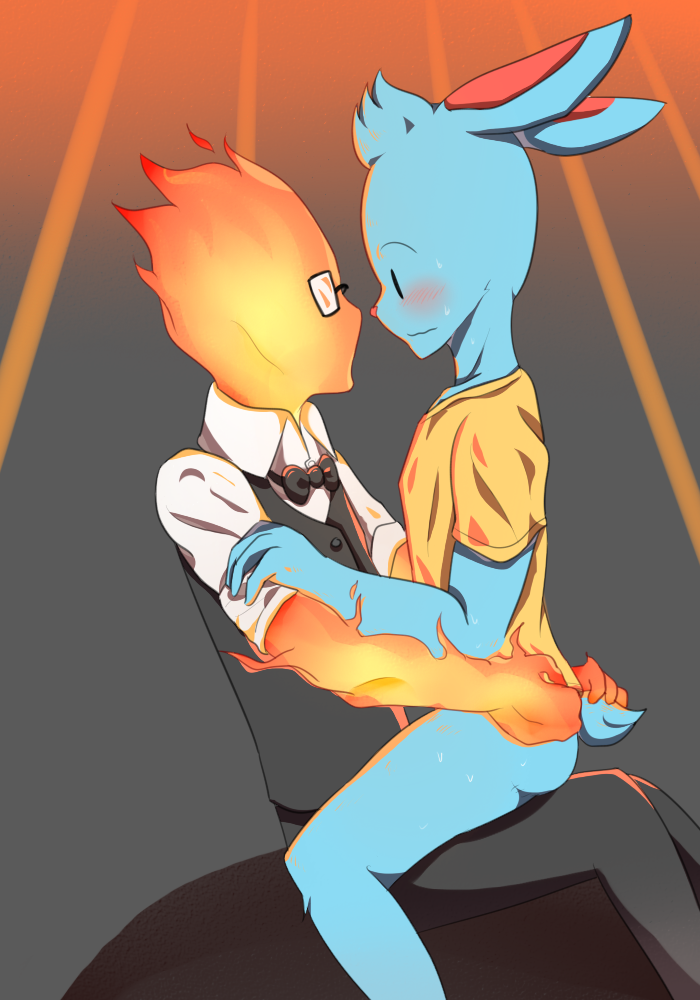 blue_fur blush bottomless bow_tie clothed clothing elemental eyewear fire fire_elemental fur glasses grillby lagomorph male mammal nice_cream_guy nicecream_man rabbit undertale video_games