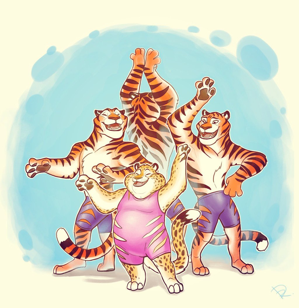 aoereiji armpits benjamin_clawhauser cheetah clothing disney feline group male mammal muscular stripper_tiger_(zootopia) swimsuit tiger zootopia