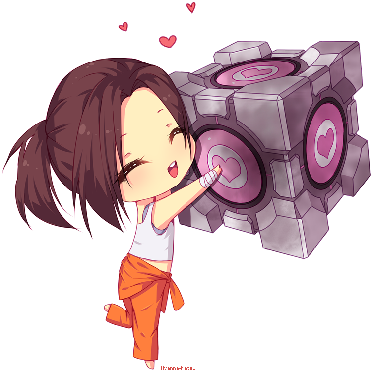 :d ^_^ ^o^ arms_up artist_name bandaged_arm bandages bare_shoulders barefoot blush brown_hair chell closed_eyes clothes_around_waist commentary full_body head_tilt heart heart_print holding hyanna-natsu leg_up open_mouth orange_pants ponytail portal portal_(series) portal_2 round_teeth shirt short_hair sleeveless smile solo standing standing_on_one_leg tank_top teeth transparent_background weighted_companion_cube white_shirt