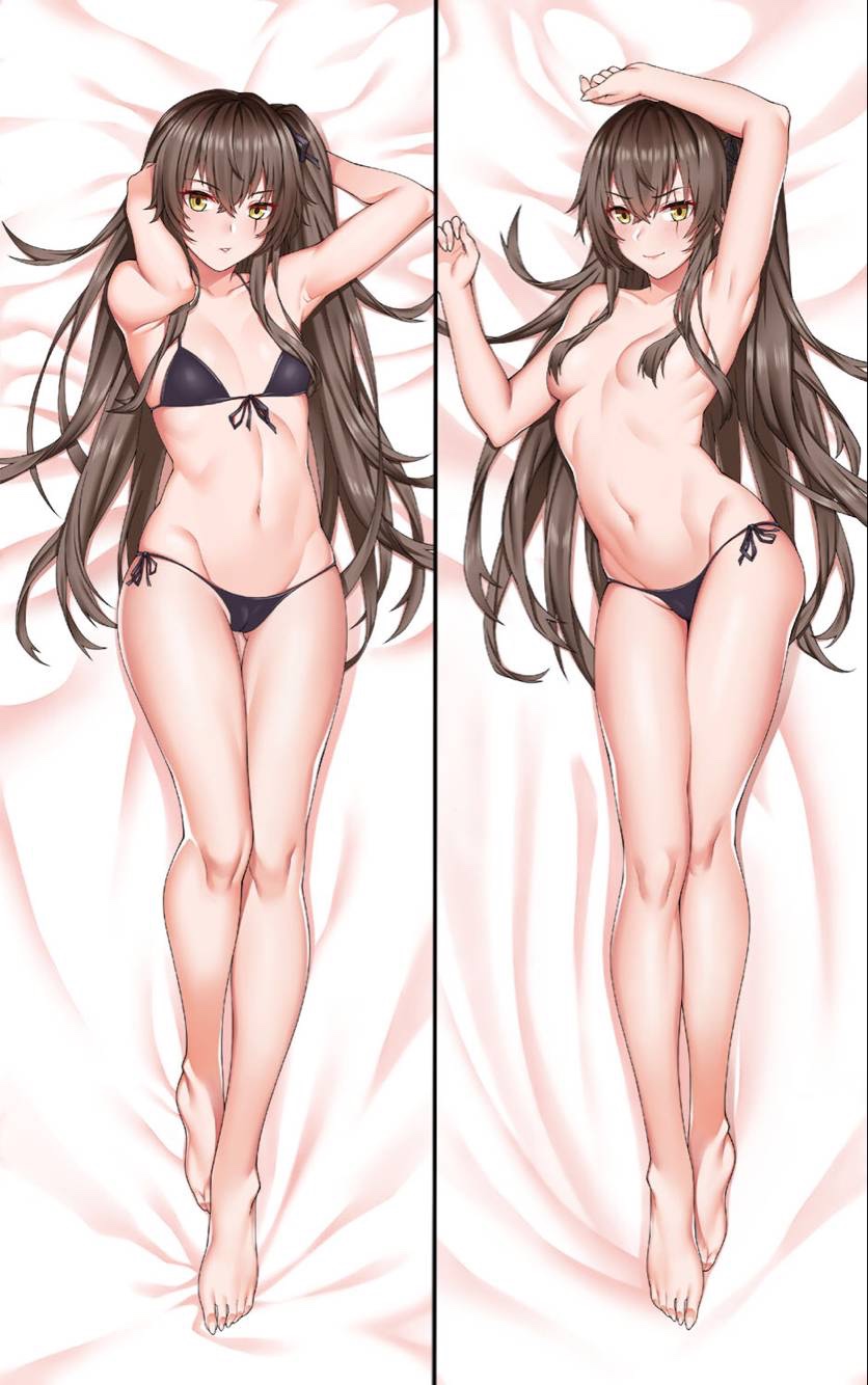 1girl arm_up armpits arms_behind_head arms_up bangs bare_arms bare_legs bare_shoulders barefoot bed_sheet bikini black_bikini black_bikini_bottom black_ribbon blush breasts breasts_apart brown_hair closed_mouth collarbone commentary_request dakimakura eyebrows_visible_through_hair front-tie_bikini front-tie_top girls_frontline groin hair_between_eyes hair_ribbon hair_spread_out highres jpeg_artifacts long_hair lying navel on_back one_side_up ribbon scar scar_across_eye side-tie_bikini sidelocks small_breasts smile stomach swimsuit thighs topless ump45_(girls_frontline) v-shaped_eyebrows yellow_eyes zui_ai_shuang_mawei