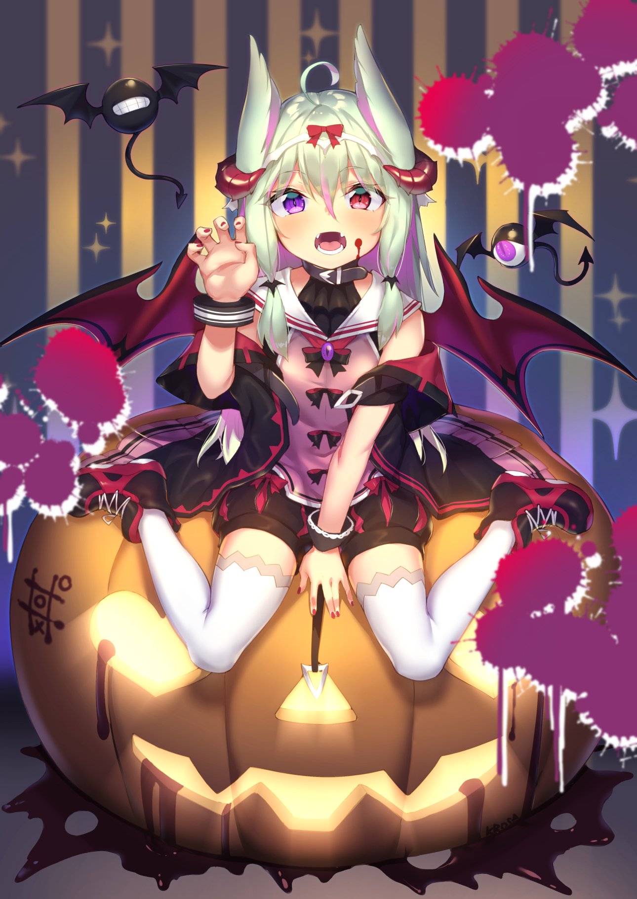1girl ahoge animal_ears bangs bat between_legs black_neckwear blood blood_on_face blush bow bowtie claw_pose commentary copyright_request english_commentary eyebrows_visible_through_hair fangs fingernails hair_between_eyes hair_bow hairband halloween hand_between_legs hand_up heterochromia highres horns jack-o'-lantern looking_at_viewer multicolored_hair nail_polish pumpkin purple_eyes red_bow red_eyes red_nails sailor_collar shennai_misha shoes sitting solo streaked_hair thighhighs tic-tac-toe wariza white_legwear white_sailor_collar wristband