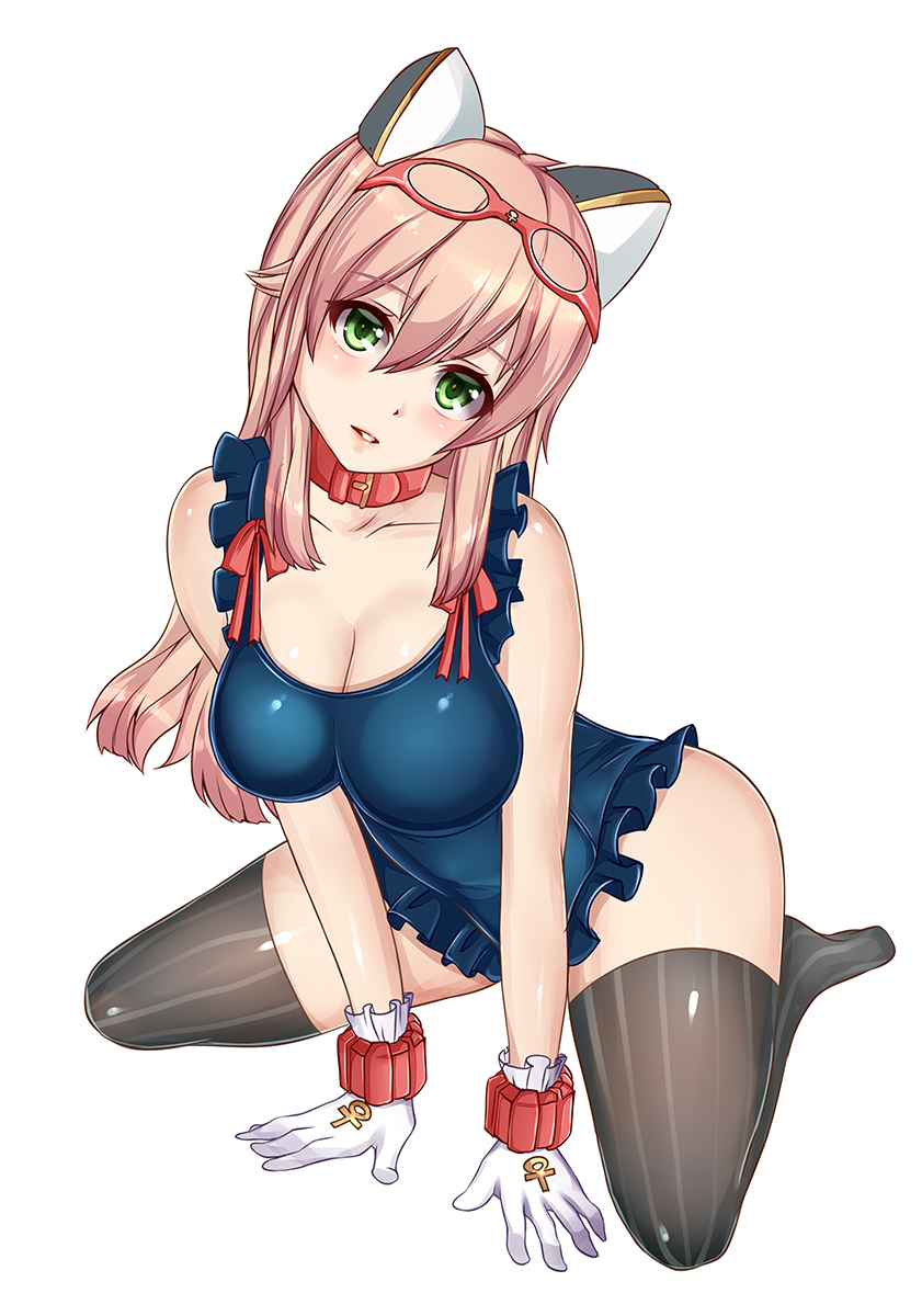 animal_ears blonde_hair breasts choker cleavage eyewear_on_head green_eyes highres kimino_yume large_breasts long_hair one-piece_swimsuit original parted_lips simple_background solo swimsuit thighhighs