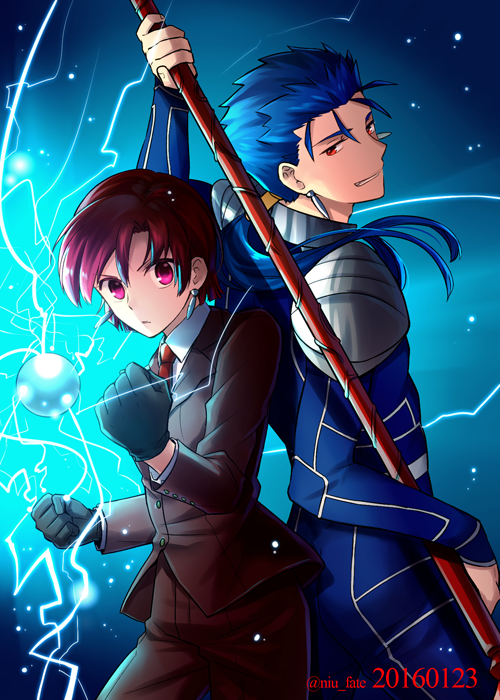 1girl 2016 armor bazett_fraga_mcremitz black_gloves blue_background blue_hair bodysuit clenched_hand cowboy_shot dated earrings fate/hollow_ataraxia fate_(series) formal fragarach gae_bolg gloves grin jewelry lancer long_hair looking_at_viewer necktie niu_illuminator orb pant_suit ponytail red_eyes red_hair red_neckwear serious short_hair shoulder_armor smile suit twitter_username