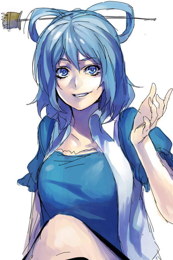 blue_dress blue_eyes blue_hair breasts commentary_request dress hair_ornament hair_rings hair_stick irohara_mitabi kaku_seiga large_breasts looking_at_viewer short_hair smile solo touhou upper_body vest white_background