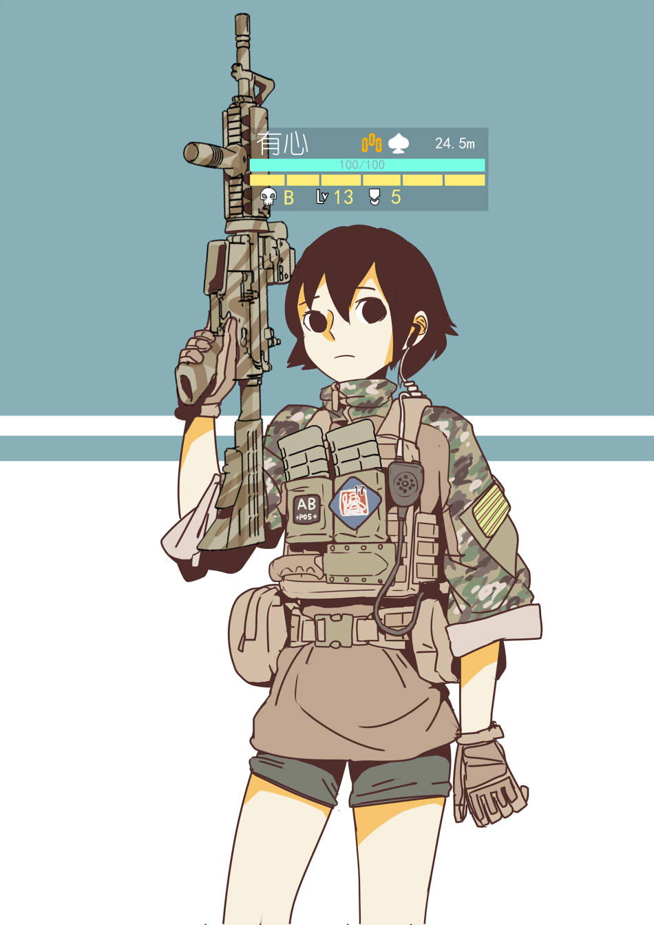 1girl assault_rifle black_eyes black_hair camouflage chinese_commentary chinese_text commentary_request earpiece etmc1992 gloves gun health_bar highres holding holding_gun holding_weapon load_bearing_vest m4_carbine original rifle short_hair short_shorts shorts solid_eyes solo trigger_discipline user_interface weapon white_background