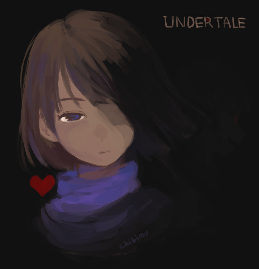 artist_name black_background blue_eyes brown_hair chara_(undertale) chibimu copyright_name evil_smile expressionless frisk_(undertale) hair_over_one_eye heart open_mouth red_eyes simple_background smile spoilers undertale when_you_see_it