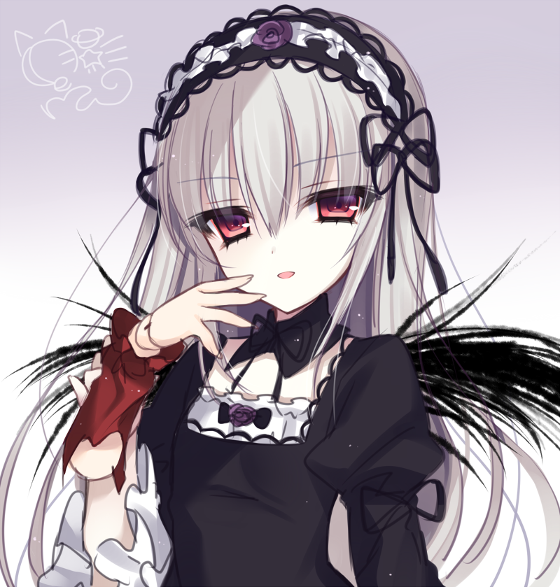 black_wings doll_joints frills gothic_lolita gradient gradient_background hairband holding lolita_fashion lolita_hairband long_hair red_eyes rozen_maiden shinku silver_hair solo suigintou torn_clothes tsukikage_nemu upper_body wings
