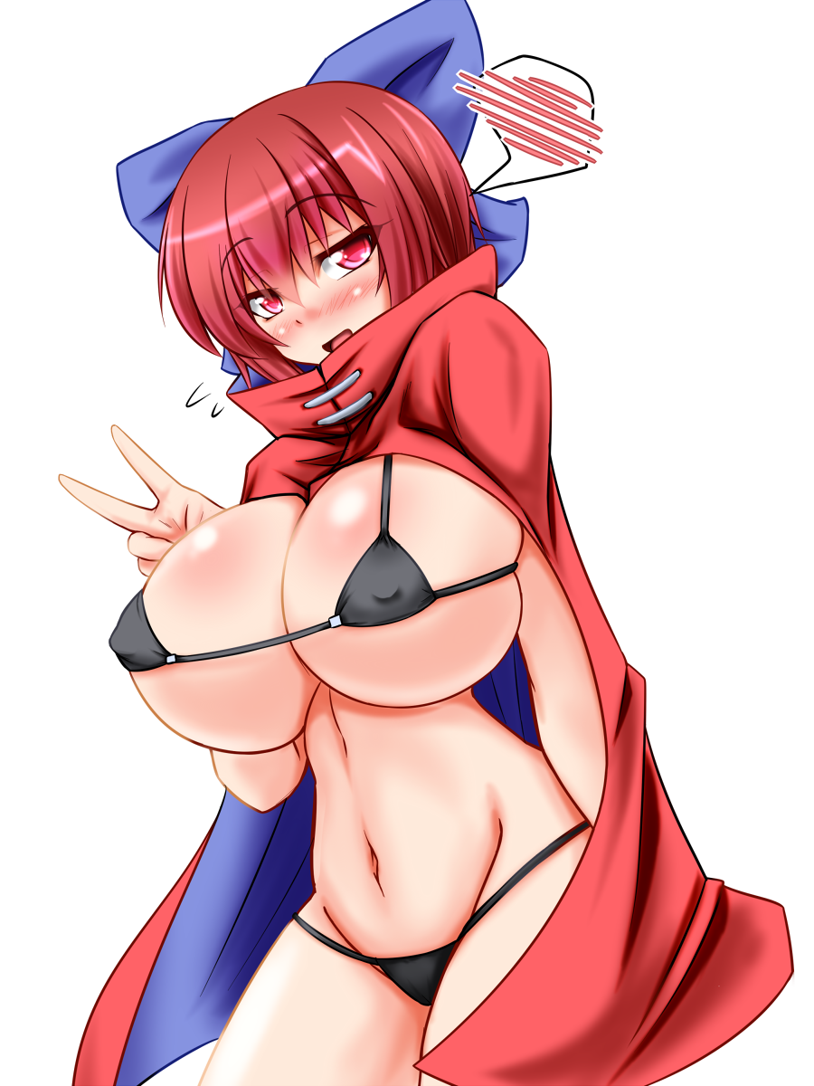 :d alternate_costume bikini blue_bow blush bow breasts cape covered_nipples cowboy_shot flying_sweatdrops groin hair_bow high_collar highres huge_breasts looking_at_viewer micro_bikini navel nose_blush open_mouth parmiria red_eyes red_hair sekibanki short_hair smile solo spoken_blush swimsuit touhou v white_background