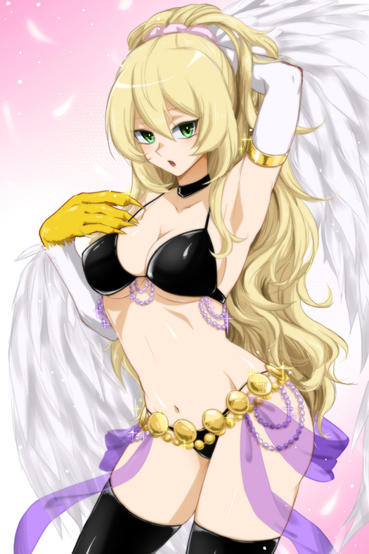 :o arm_up armpits bikini black_bikini black_legwear blonde_hair blush breasts chiyo_(no3baki) choker claws cleavage commentary cowboy_shot dancer duel_monster feathered_wings feathers green_eyes hair_ribbon harpie_dancer harpy jewelry large_breasts long_hair looking_at_viewer monster_girl navel ponytail ribbon sideboob solo swimsuit thighhighs underboob very_long_hair white_wings wings yuu-gi-ou