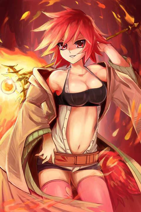 &gt;:) bare_shoulders black_skirt breasts chiyo_(no3baki) cleavage coat collarbone commentary cowboy_shot duel_monster fire hiita large_breasts long_sleeves looking_at_viewer midriff miniskirt navel open_clothes open_coat pink_legwear red_eyes red_hair short_hair skirt smile solo staff thighhighs torn_clothes torn_legwear v-shaped_eyebrows yuu-gi-ou zettai_ryouiki