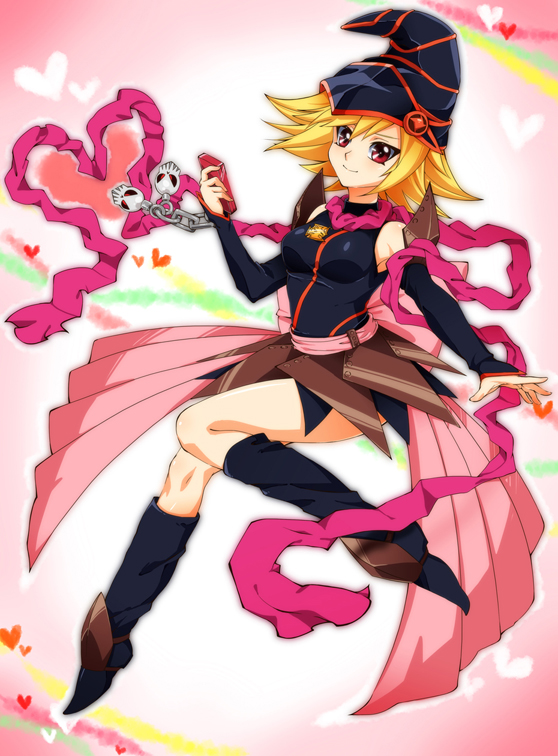 bare_shoulders black_footwear blonde_hair blush boots breasts cellphone chiyo_(no3baki) commentary detached_sleeves duel_monster full_body gagaga_girl hat heart heart_background looking_at_viewer medium_breasts phone red_eyes short_hair skull smile solo spiked_hair wizard_hat yuu-gi-ou yuu-gi-ou_zexal