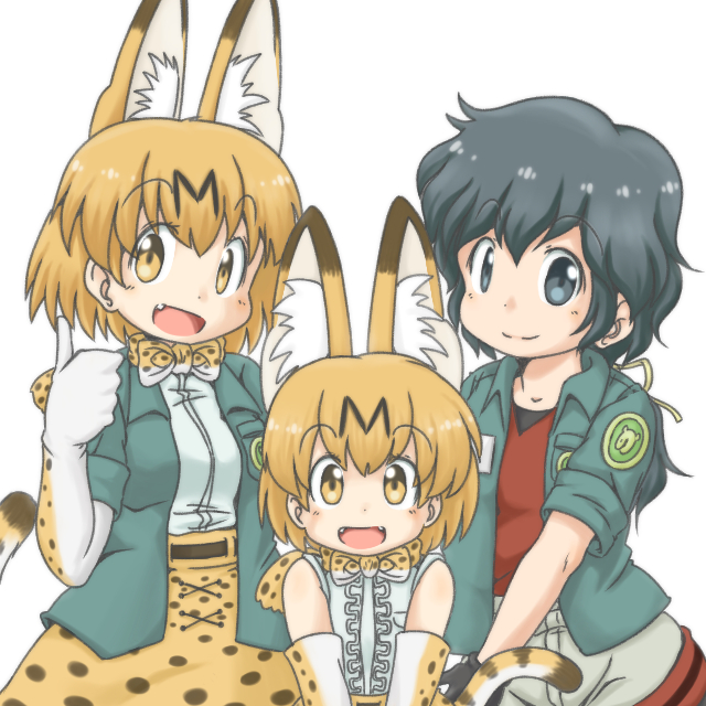 3girls :d animal_ear_fluff animal_ears black_eyes black_hair blonde_hair bow bowtie center_frills closed_mouth commentary_request dual_persona elbow_gloves extra_ears eyebrows_visible_through_hair fang fangs gaketsu gloves jacket japari_symbol kaban_(kemono_friends) kemono_friends long_hair looking_at_viewer low_ponytail multiple_girls older open_mouth print_gloves print_neckwear print_skirt red_shirt serval_(kemono_friends) serval_ears serval_print serval_tail shirt short_hair simple_background skirt smile tail thumbs_up white_background white_shirt yellow_eyes