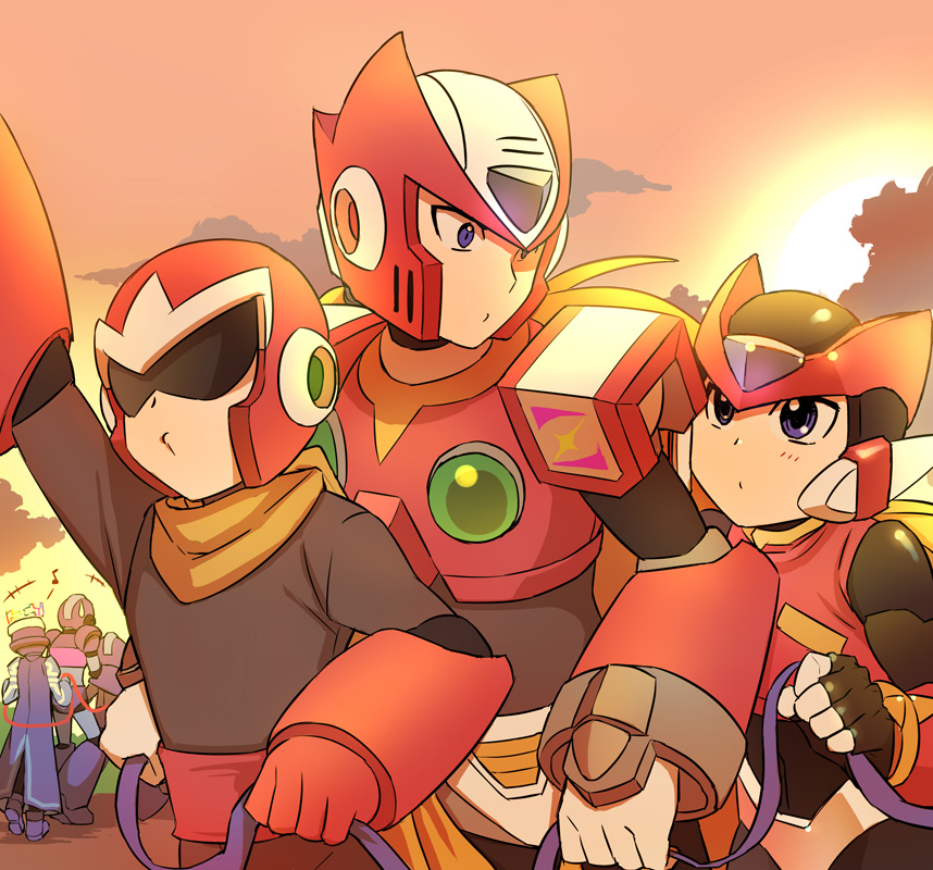 arm_up armor blonde_hair blue_eyes blues_(rockman) character_request cloud eighth_note helmet jiayu_long musical_note ribbon rockman rockman_(character) rockman_(classic) rockman_x rockman_zx rope_train scarf sunset sweatdrop tree visor x_(rockman) zero_(rockman)