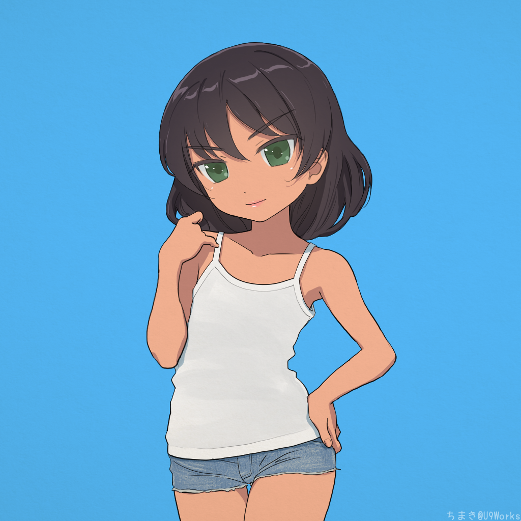 1girl akagi_(fmttps) artist_name bangs blue_background blue_shorts brown_hair camisole closed_mouth commentary cutoffs dark_skin denim denim_shorts eyebrows_visible_through_hair girls_und_panzer green_eyes hand_on_hip head_tilt hoshino_(girls_und_panzer) lips looking_at_viewer medium_hair micro_shorts shirt shorts simple_background smile solo thigh_gap twitter_username white_shirt younger