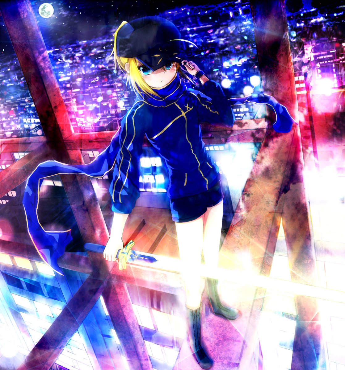1girl ahoge artoria_pendragon_(all) baseball_cap black_footwear black_hat blonde_hair blue_eyes blue_jacket blue_scarf blue_shorts blush boots cityscape closed_mouth commentary_request cross-laced_footwear fate/grand_order fate_(series) full_moon hair_between_eyes hair_through_headwear hand_on_headwear hand_up hat highres himitsucalibur holding holding_sword holding_weapon jacket knee_boots lace-up_boots looking_at_viewer moon mysterious_heroine_x night night_sky outdoors ponytail sakazakinchan scarf short_shorts shorts sky solo standing sword weapon wristband