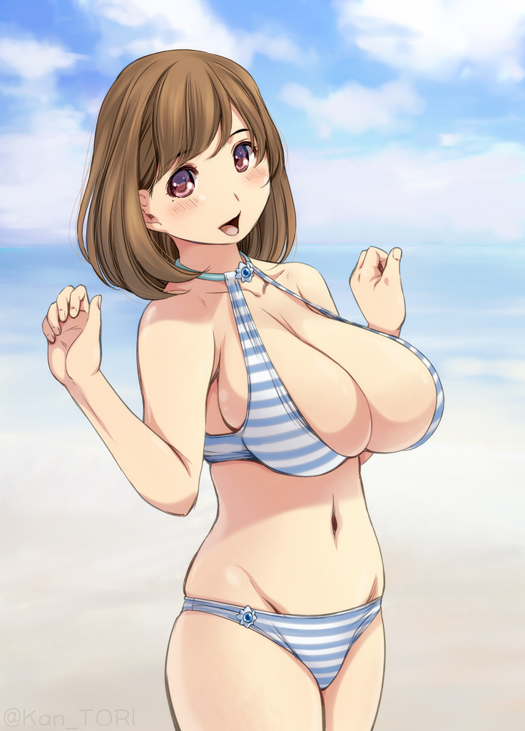 :d anegasaki_nene bangs beach bikini blue_bikini blush breasts brooch brown_hair bursting_breasts cleavage clenched_hands cloud collarbone cowboy_shot day eyebrows eyebrows_visible_through_hair from_side groin halterneck hands_up happy huge_breasts jewelry kantori looking_at_viewer love_plus mole mole_under_eye navel ocean open_mouth outdoors purple_eyes short_hair sideboob sky smile solo standing strap_gap striped striped_bikini swimsuit twitter_username water