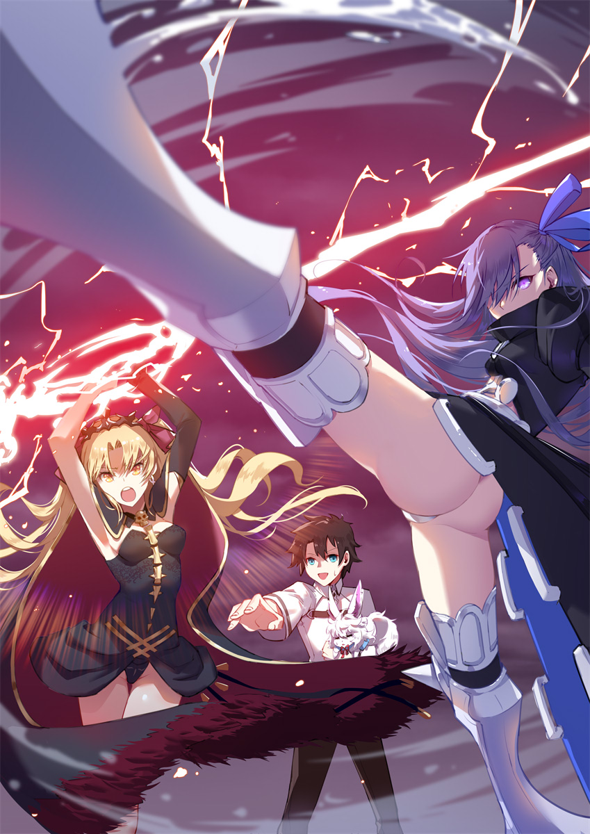 1boy 2girls animal arms_up ass blonde_hair blue_eyes bow cape carrying electricity ereshkigal_(fate/grand_order) fate/grand_order fate_(series) foreshortening fou_(fate/grand_order) fujimaru_ritsuka_(male) fur_trim hair_bow highres long_hair meltlilith multiple_girls open_mouth orange_eyes prosthesis prosthetic_leg purple_hair spikes tiara two_side_up weapon xion32
