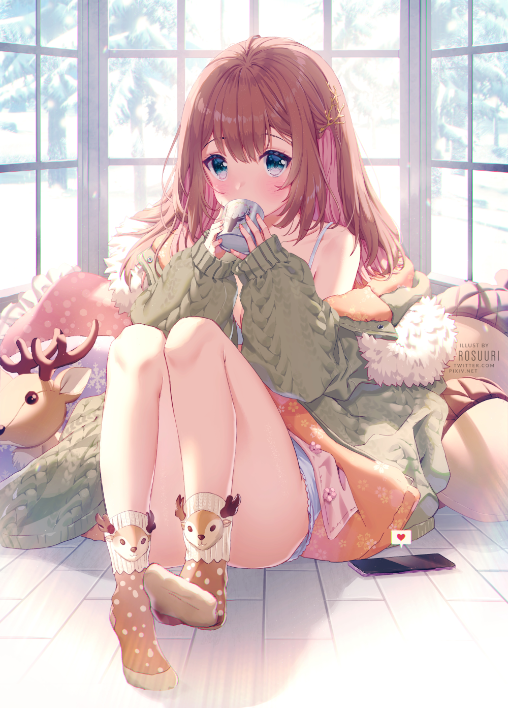 1girl artist_name bangs bare_shoulders blue_eyes blue_shorts blush breasts brown_hair brown_legwear cellphone cleavage collarbone commentary_request covered_mouth cup day eyebrows_visible_through_hair fingernails fur-trimmed_jacket fur_trim green_jacket hair_between_eyes hair_ornament heart highres holding holding_cup indoors jacket long_hair long_sleeves mug multicolored_hair no_shoes off_shoulder open_clothes open_jacket original phone pine_tree pink_hair polka_dot polka_dot_legwear puffy_long_sleeves puffy_sleeves rosuuri short_shorts shorts sleeves_past_wrists small_breasts smartphone snow socks soles solo spoken_heart stuffed_animal stuffed_reindeer stuffed_toy tree two-tone_hair watermark web_address window