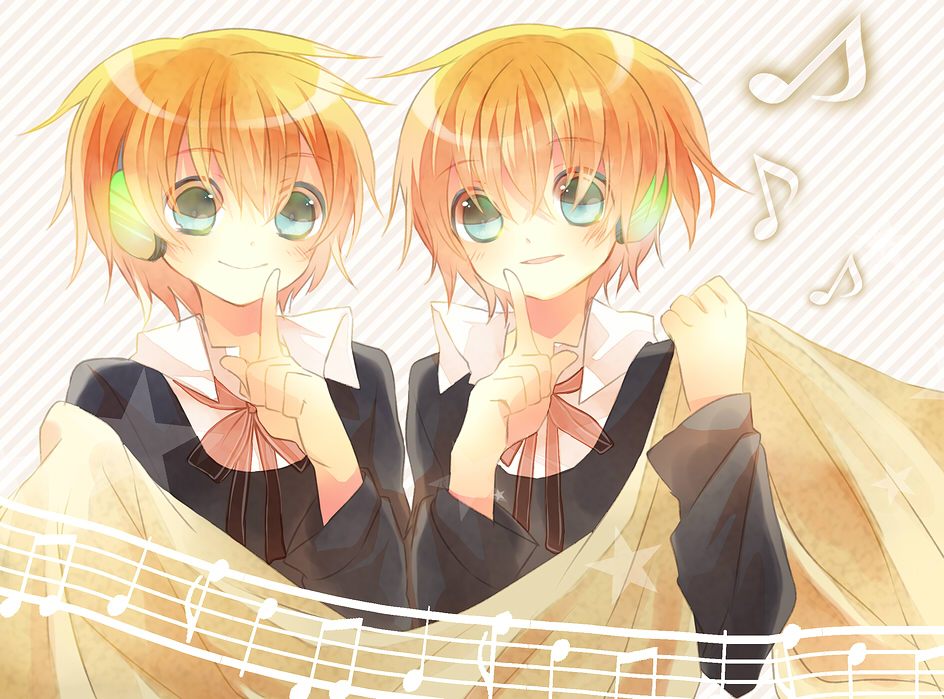 1girl androgynous aqua_eyes bad_id bad_pixiv_id blonde_hair brother_and_sister kagamine_len kagamine_rin musical_note short_hair siblings smile twins vocaloid yamiko