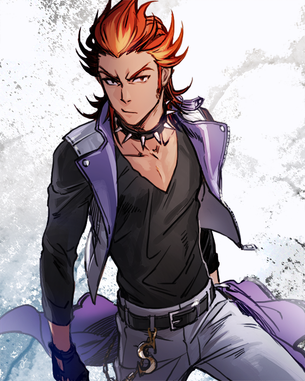 akai_suzaku bad_id bad_pixiv_id belt chain collar fingerless_gloves gloves gold_chain idolmaster idolmaster_side-m iwa_(iwa000ima) looking_at_viewer male_focus multicolored_hair open_clothes open_vest red_eyes red_hair sideburns solo spiked_collar spiked_hair spikes two-tone_hair vest