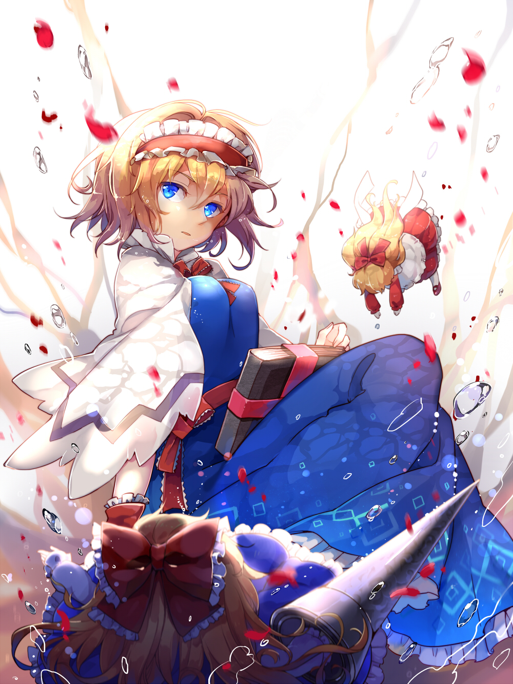 alice_margatroid bangs between_breasts blonde_hair blue_dress blue_eyes book bow breasts capelet doll dress frills hair_between_eyes hair_bow hairband highres hourai_doll lance large_breasts lolita_hairband motion_blur parted_lips petals polearm red_bow sash shanghai_doll short_hair touhou water weapon yetworldview_kaze