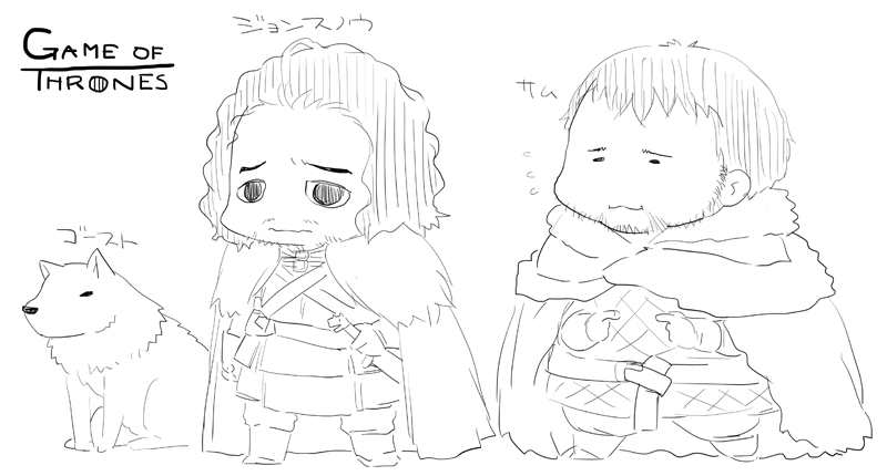 a_song_of_ice_and_fire animal animal_ears armor beard cape chibi cloak dog facial_hair flying_sweatdrops full_body fur_trim furrowed_eyebrows game_of_thrones greyscale jon_snow monochrome mudou_eichi multiple_boys pointy_ears samwell_tarly scabbard sheath simple_background sitting standing sword tail translation_request weapon white_background wolf wolf_ears wolf_tail