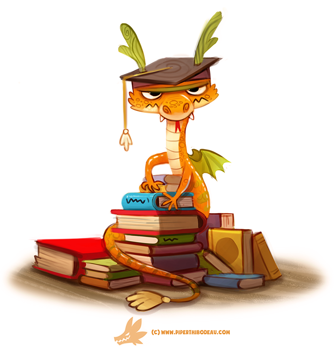 book_stack closed_mouth commentary creature cryptid_creations fangs full_body hat looking_at_viewer mortarboard no_humans original scales simple_background solo tassel teeth tongue tongue_out toon watermark wavy_mouth web_address white_background wings wyrm