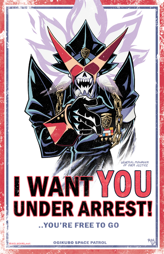 artist_name chain commentary english fangs gloves hat i_want_you kamina_shades medal mike_luckas military military_hat military_uniform over_justice parody pointing pointing_at_viewer poster propaganda shiny skull solo sunglasses trigger_(company) uchuu_patrol_luluco uncle_sam uniform watermark web_address