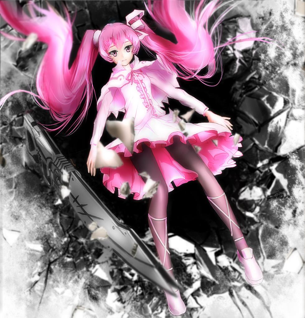 akame_ga_kill! bad_id bad_pixiv_id black_legwear dress from_above hair_ribbon long_hair mine_(akame_ga_kill!) pantyhose pink_dress pink_eyes pink_hair ribbon rk_(lyl010) solo twintails very_long_hair white_ribbon