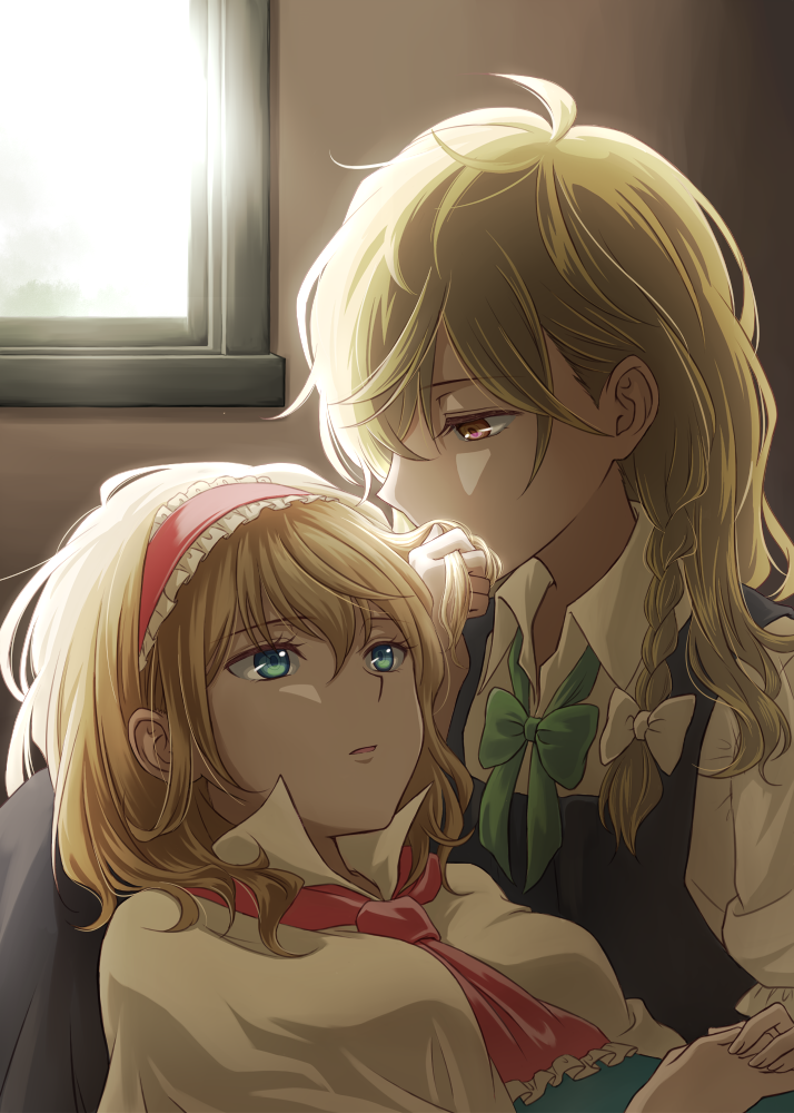 alice_margatroid bangs between_breasts blonde_hair blue_eyes bow bowtie braid breasts cape collared_shirt couple covered_mouth cravat eyebrows eyebrows_visible_through_hair eyelashes frills green_bow green_neckwear hair_between_eyes hair_bow hair_kiss hairband holding holding_another's_hair holding_hair holding_hands indoors kirisame_marisa kiss lolita_hairband long_hair multiple_girls nip_to_chip no_hat no_headwear parted_lips red_eyes shade shirt short_hair sleeves_rolled_up touhou upper_body vest white_bow window yuri