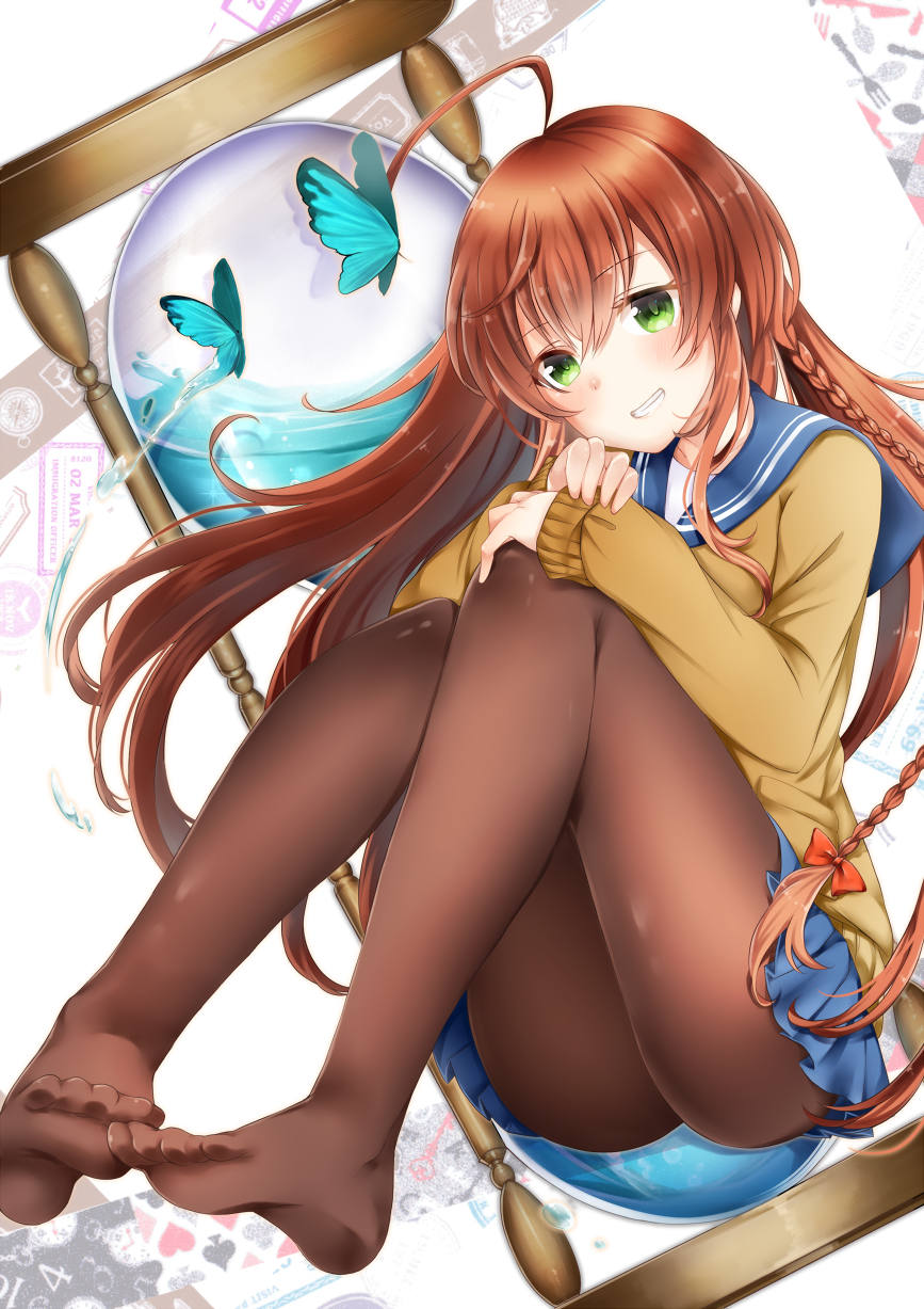 :d ahoge animal blazer blue_sailor_collar blue_skirt blush braid brown_hair brown_legwear bug butterfly eyebrows eyebrows_visible_through_hair feet full_body green_eyes grin hand_on_own_knee head_tilt highres hourglass insect jacket knees_up long_hair long_sleeves mashiro_aa no_shoes open_mouth original own_hands_together pantyhose pleated_skirt sailor_collar single_braid sitting skirt smile soles solo teeth upskirt very_long_hair water water_drop yellow_jacket