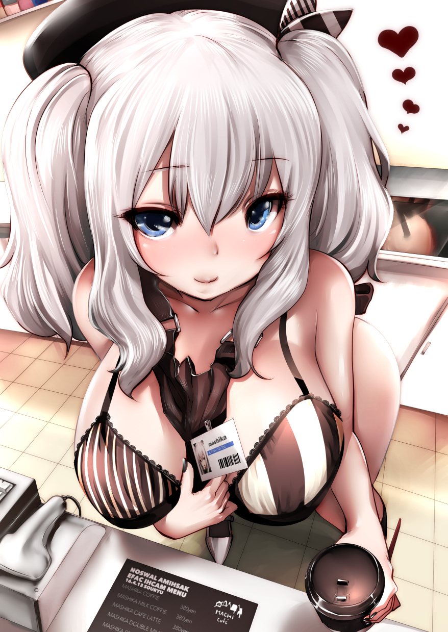 alternate_costume bangs barcode_scanner beret between_breasts black_hat black_nails blue_eyes bra breasts buckle cash_register closed_mouth coffee coffee_cup cup disposable_cup exhibitionism eyebrows eyebrows_visible_through_hair from_above hair_between_eyes hand_between_breasts hat heart highres holding id_card indoors kantai_collection kashima_(kantai_collection) lace_trim large_breasts lawson long_hair looking_at_viewer menu nail_polish name_tag pov reflection silver_hair smile solo souryu standing striped tile_floor tiles twintails underwear