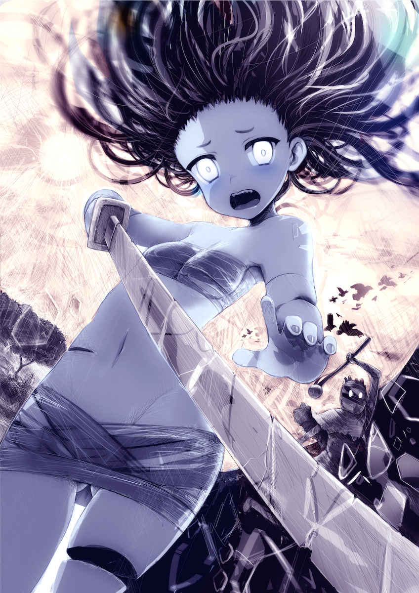 1boy 1girl bandage bare_arms bare_legs bare_shoulders bird black_hair breasts commentary_request crow dead_by_daylight detached_legs feet_out_of_frame from_below ghost gluteal_fold highres holding holding_sword holding_weapon long_hair looking_at_viewer messy_hair moon moonlight navel open_mouth pale_skin patch scar scarecrow sharp_teeth small_breasts solo_focus sword teeth tranquillianusmajor tree weapon white_eyes yamaoka_rin