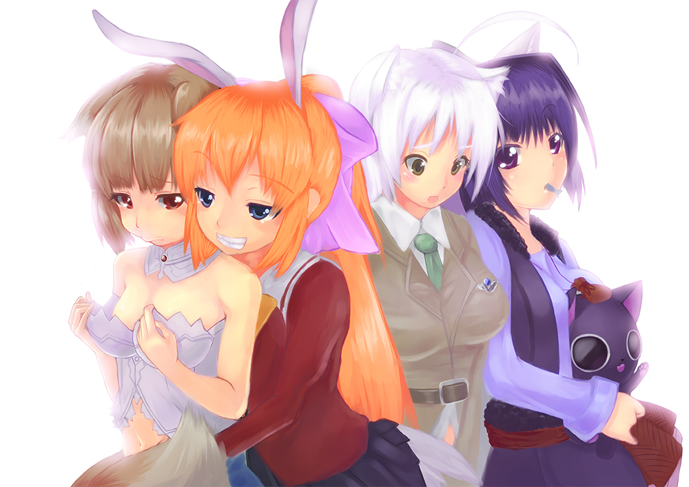 ahoge alternate_hairstyle animal animal_ears blue_eyes blue_hair breast_conscious breasts brown_eyes brown_hair bunny_ears cat cat_ears charlotte_e_yeager charlotte_e_yeager_(cosplay) cosplay costume_switch crossover dog_days fish fish_in_mouth food_in_mouth frown holo holo_(cosplay) koshimizu_ami large_breasts leonmitchelli_galette_des_rois leonmitchelli_galette_des_rois_(cosplay) long_hair multiple_crossover multiple_girls murasaki_imo navel noihara_himari noihara_himari_(cosplay) nyanpire nyanpire_(character) omamori_himari orange_hair ponytail purple_eyes red_eyes seiyuu_connection small_breasts smile spice_and_wolf strike_witches tail white_hair wolf_ears wolf_tail world_witches_series