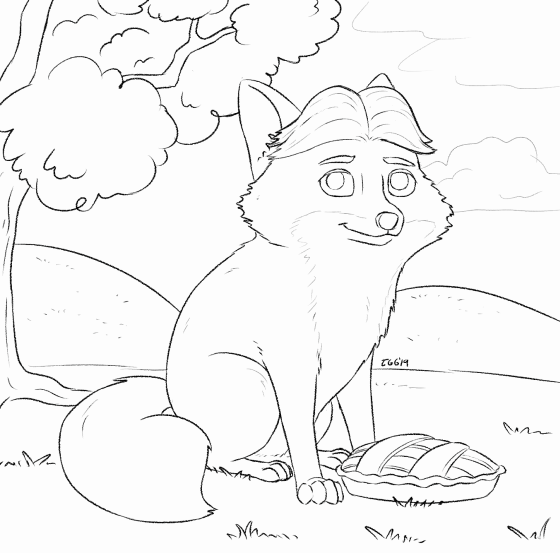 2019 2d_animation animated black_and_white blinking canine cheek_tuft cloud detailed_background disney feral feralized field food fox gideon_grey grass hill looking_at_viewer male mammal monochrome nude outside pie signature sitting solo tggeko tree tuft zootopia