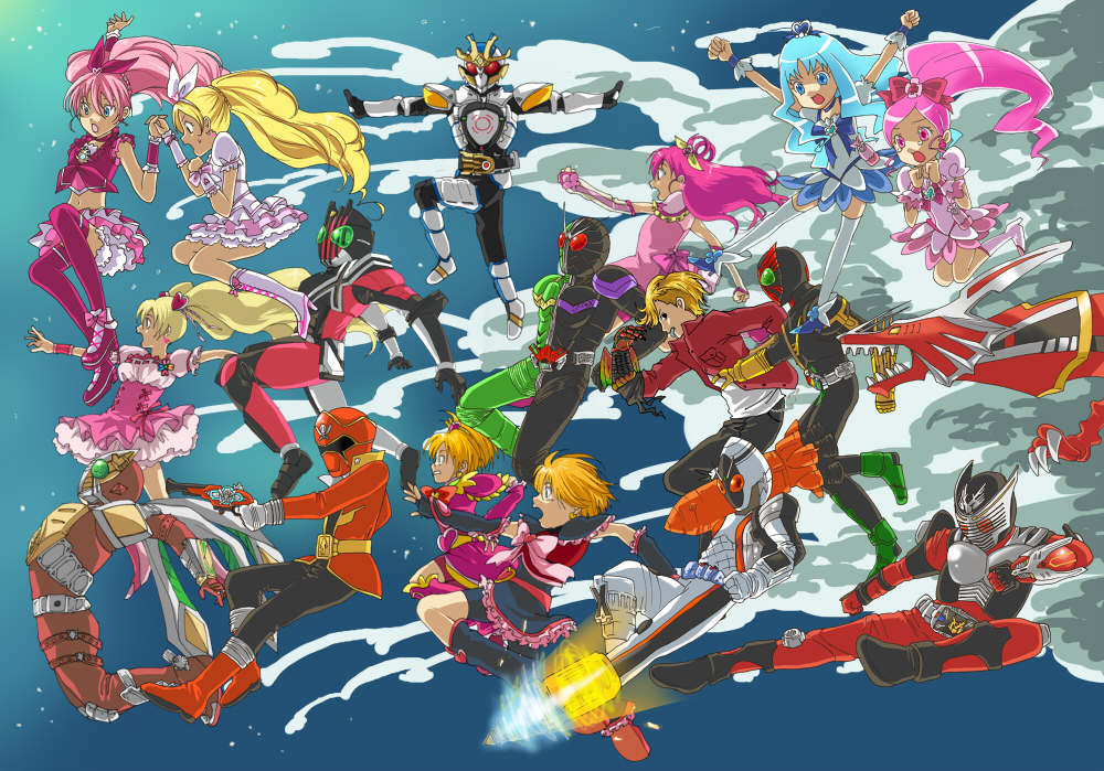 crossover cure_black cure_bloom cure_blossom cure_dream cure_marine cure_melody cure_peach cure_rhythm dragreder everyone explosion flying fresh_precure! futari_wa_precure futari_wa_precure_splash_star gokai_red kaizoku_sentai_gokaiger kamen_rider kamen_rider_blade_(series) kamen_rider_dcd kamen_rider_decade kamen_rider_double kamen_rider_fourze kamen_rider_fourze_(series) kamen_rider_garren kamen_rider_ixa kamen_rider_kiva_(series) kamen_rider_ooo kamen_rider_ooo_(series) kamen_rider_ryuki kamen_rider_ryuki_(series) kamen_rider_w magical_girl multiple_boys multiple_girls parody pkppuri precure suite_precure super_sentai tokusatsu yes!_precure_5