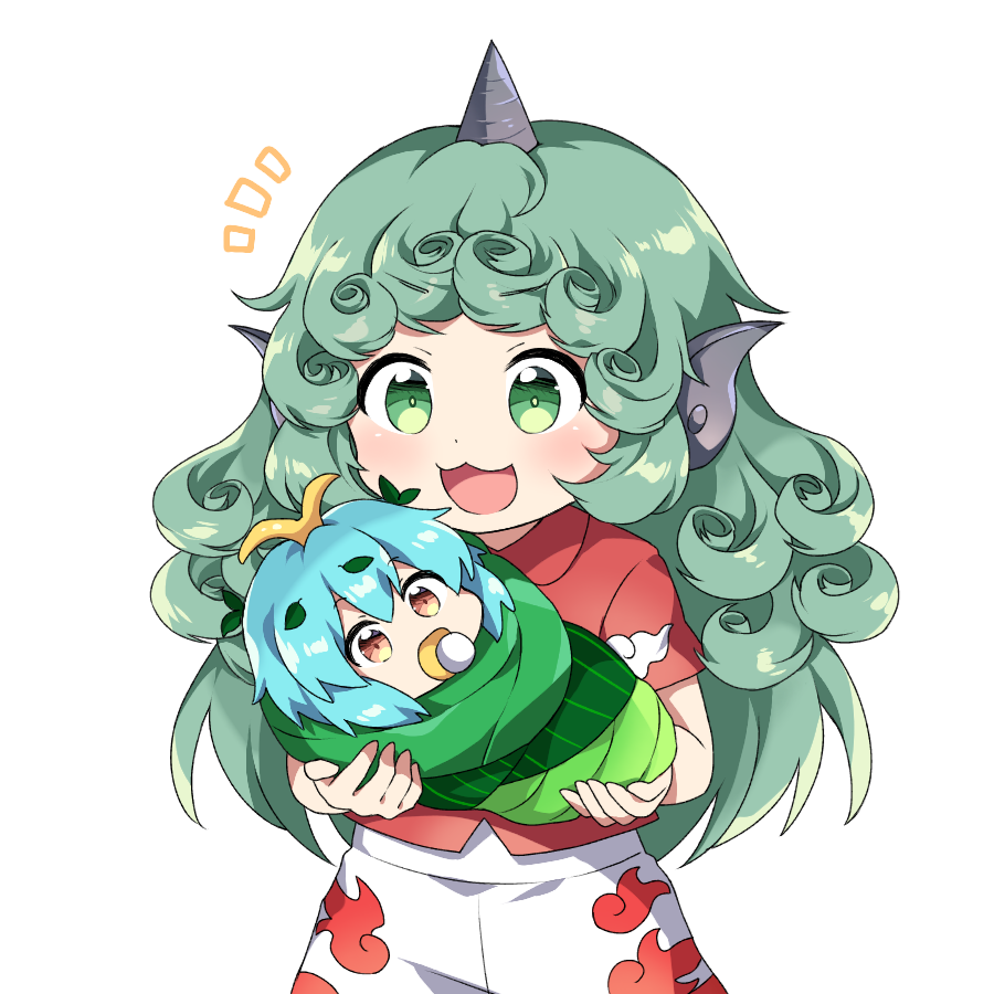 2girls :3 :d antennae arms_up baby blue_hair caramell0501 commentary cowboy_shot curly_hair eternity_larva green_eyes green_hair holding_baby horn kariyushi_shirt komano_aun leaf leaf_on_head long_hair looking_at_viewer mouth_hold multiple_girls notice_lines open_mouth pacifier short_hair short_sleeves shorts simple_background smile touhou very_long_hair white_background wrapped_up yellow_eyes younger