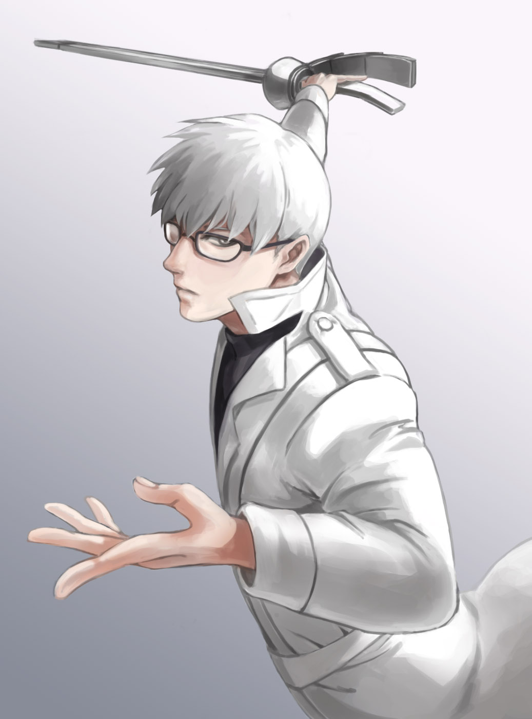 arima_kishou bei_ju_luoxuan_wan glasses gradient gradient_background grey_eyes highres holding holding_weapon looking_at_viewer male_focus outstretched_hand sakamoto sakamoto_desu_ga? simple_background solo tokyo_ghoul weapon white_hair