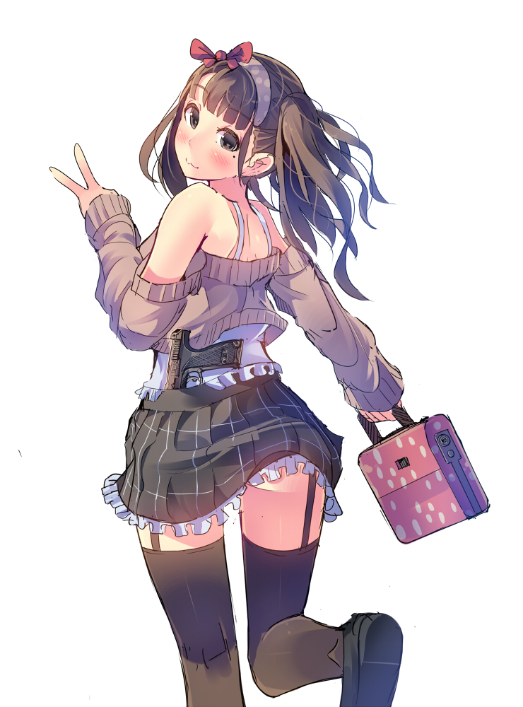 :3 ass bag bangs bare_shoulders blunt_bangs blush bow brown_eyes brown_footwear brown_hair brown_legwear closed_mouth daito eyebrows eyebrows_visible_through_hair frilled_skirt frills from_behind garter_straps gsh-18 gun hair_bow hairband hand_gesture handbag handgun holding kneepits loafers long_hair long_sleeves looking_back miniskirt off-shoulder_sweater original pistol polka_dot red_bow sheath sheathed shoes simple_background skirt sleeves_past_wrists smile solo sweater tareme thighhighs twintails upskirt v walking weapon white_background zettai_ryouiki