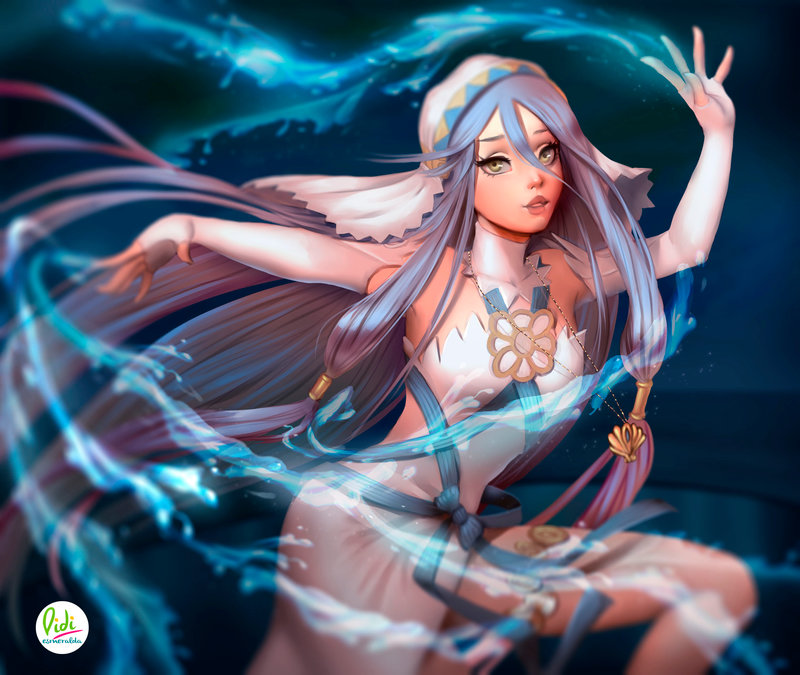 aqua_(fire_emblem_if) artist_name blue_hair didi_esmeralda dress fingerless_gloves fire_emblem fire_emblem_if gloves headdress jewelry long_hair necklace solo teeth very_long_hair water watermark white_dress yellow_eyes