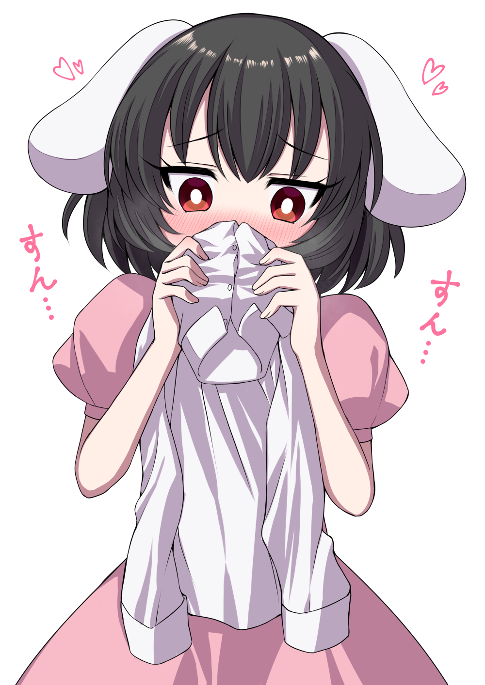 1girl animal_ears arms_up bangs black_hair blush bright_pupils bunny_ears commentary_request covering_mouth dress dress_shirt eyebrows_visible_through_hair facing_viewer head_tilt heart highres holding_shirt inaba_tewi looking_down onomatopoeia pink_dress red_eyes shirt short_hair simple_background smelling solo touhou tsukimirin upper_body white_background white_pupils white_shirt