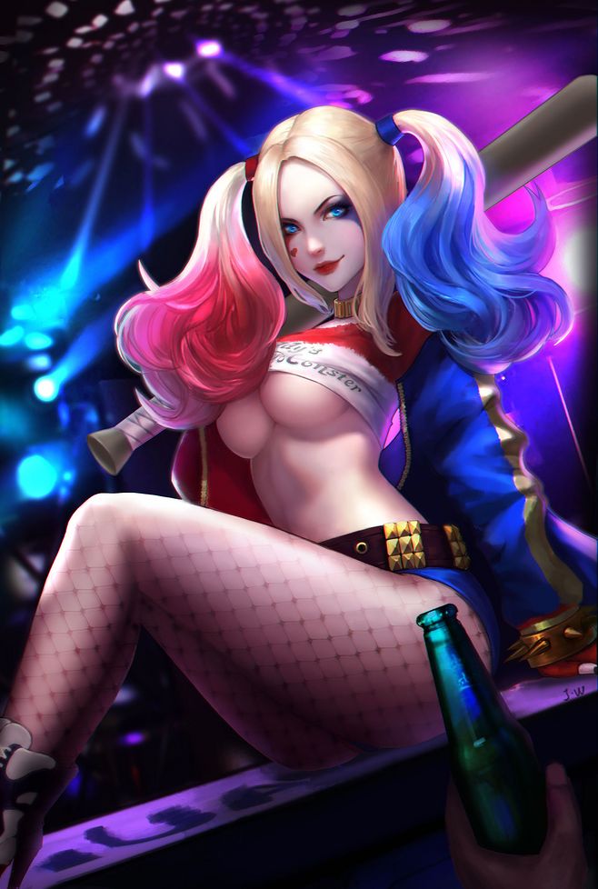 1girl baseball_bat batman_(series) blonde_hair blue_eyes blue_hair breasts dc_comics dip-dyed_hair fishnet_pantyhose fishnets harley_quinn jacket lipstick long_hair makeup multicolored_hair pantyhose short_shorts shorts solo suicide_squad tied_hair twintails underboob