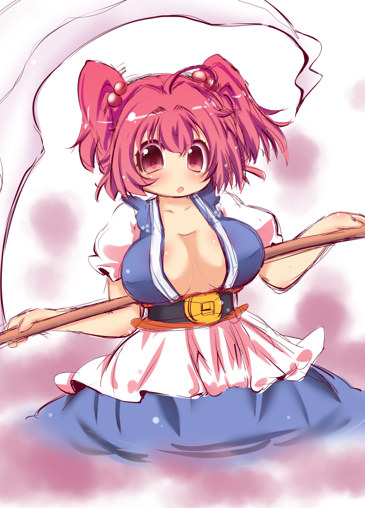 belt blue_dress breasts cowboy_shot dress hair_bobbles hair_ornament large_breasts looking_at_viewer muuba no_bra onozuka_komachi open_clothes open_mouth open_shirt puffy_short_sleeves puffy_sleeves red_eyes red_hair sash scythe shirt short_sleeves solo touhou two_side_up
