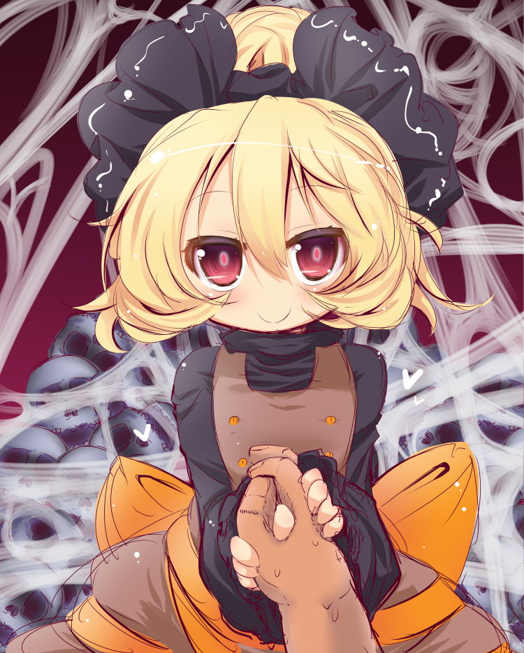 blonde_hair bow brown_dress dress glowing glowing_eyes hair_bow holding_hand kurodani_yamame long_sleeves looking_at_viewer muuba out_of_frame pov pov_hands red_eyes shirt silk skull_pile smile solo_focus spider_web touhou wide_sleeves