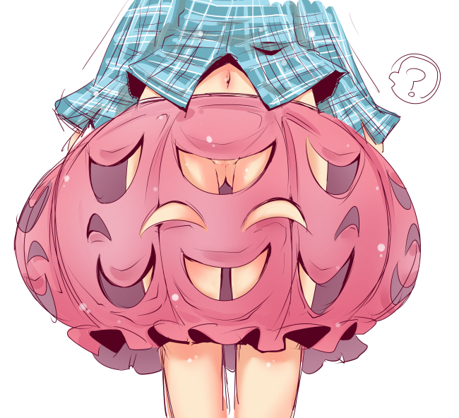 ? ass_visible_through_thighs bubble_skirt groin hata_no_kokoro head_out_of_frame legs long_sleeves muuba navel no_panties pink_skirt plaid plaid_shirt pussy pussy_peek shirt simple_background skirt solo spoken_question_mark touhou white_background