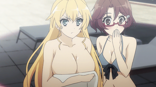 3girls animated animated_gif black_hair blonde_hair blue_eyes blue_sky blue_swimsuit blush breasts brown_hair claire_harvey cleavage cloud covering covering_breasts crotch dark_skin earrings erica_candle glasses green_hair high_ponytail hundred jewelry kisaragi_hayato large_breasts liddy_steinberg long_hair multiple_girls outdoors ponytail poolside sky swimsuit topless umbrella white_swimsuit