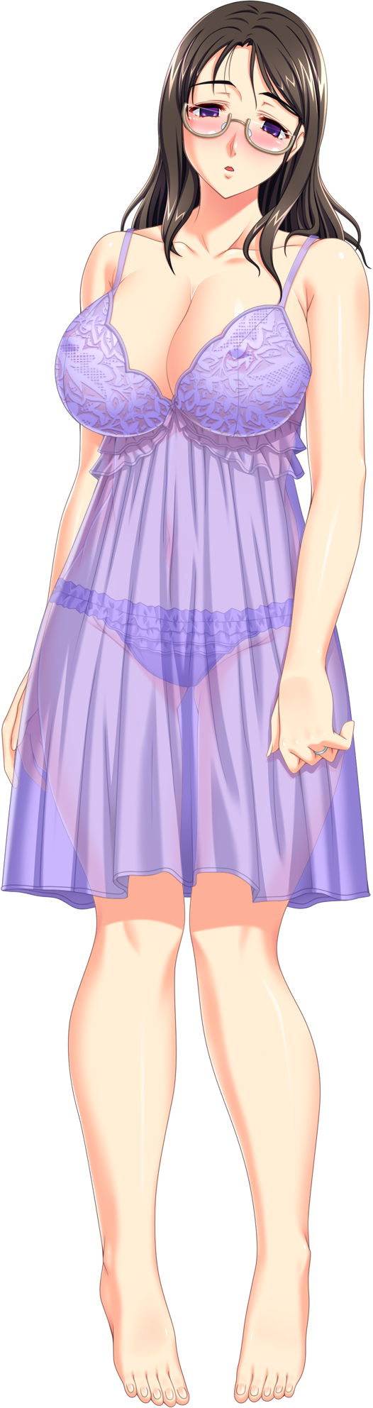 blush breasts brown_hair cleavage empty_eyes erect_nipples full_body glasses large_breasts lingerie long_hair looking_at_viewer milf mind_control parted_lips purple_eyes see-through skyhouse solo standing underwear