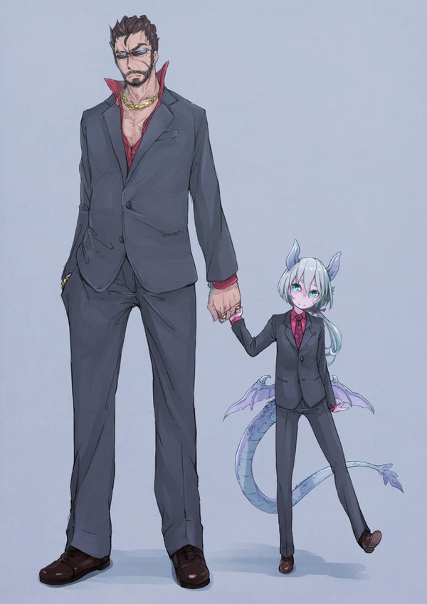 1girl beard chain_necklace dragon_girl hand_holding hand_in_pocket horns monster_girl necktie nukomasu original ponytail ring scar simple_background size_difference suit sunglasses tail wings