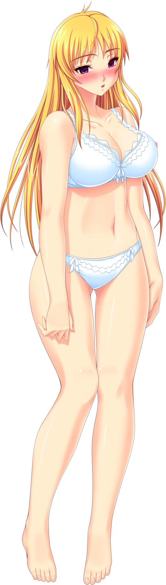 bare_shoulders blonde_hair blush bra breasts cleavage empty_eyes full_body large_breasts lingerie long_hair looking_at_viewer mind_control navel panties parted_lips purple_eyes skyhouse solo standing underwear