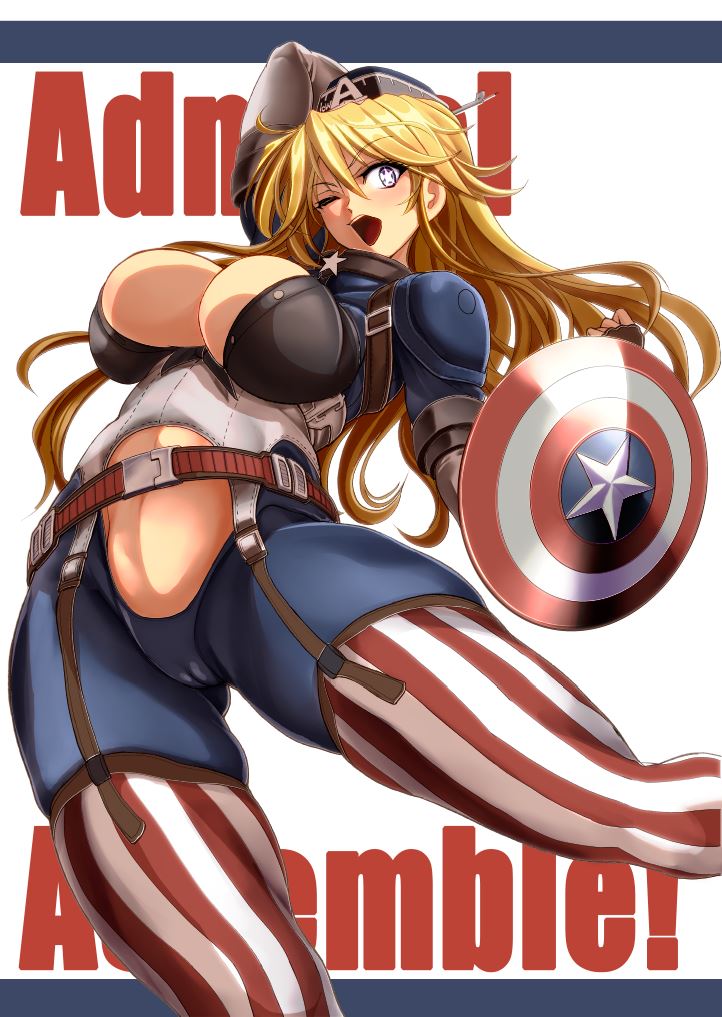 1girl ;d adapted_costume alternate_costume arm_up ass_visible_through_thighs bangs belt blonde_hair blue_eyes border breasts cameltoe captain_america captain_america_(cosplay) commentary_request corset cosplay eyebrows eyebrows_visible_through_hair fingerless_gloves garter_straps gloves hair_between_eyes hat headgear holding_shield iowa_(kantai_collection) kantai_collection kawaraya_a-ta large_breasts legs_apart long_hair looking_at_viewer marvel one_eye_closed open_mouth shield shoulder_armor skin_tight smile solo spaulders star stomach striped striped_legwear symbol-shaped_pupils text_focus thighhighs unitard white_background